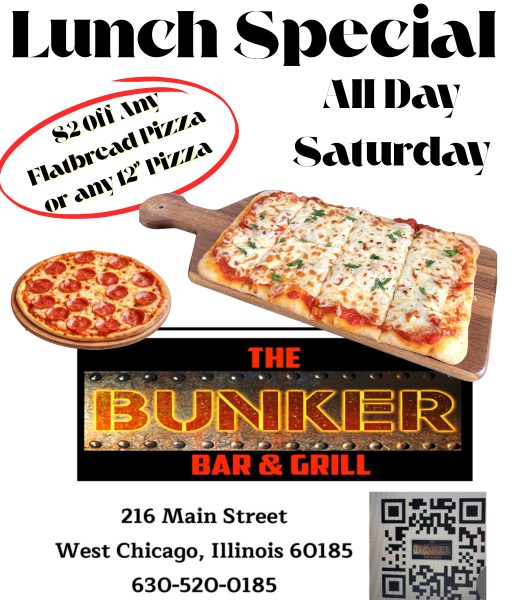 Bunker Bar And Grill 216 Main St. West Chicago - Saturday Lunch Special $2 off any flatbread or 12" pizza