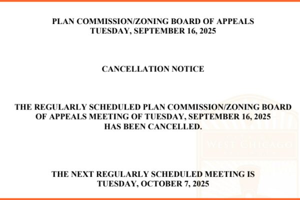 Plan Commission/Zoning Board of Appeals Meeting Cancelled for September 16